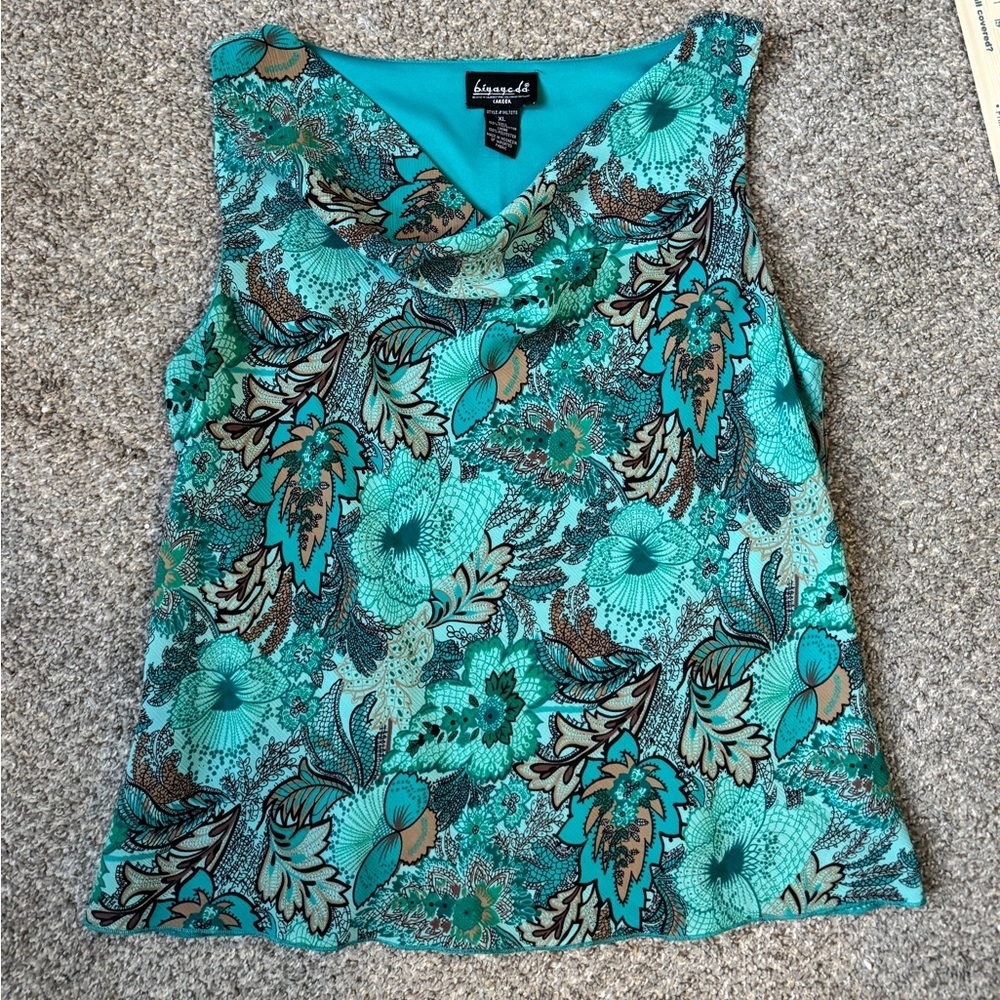 Sleeveless Teal Floral Cowl Neck Top